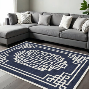HomeRoots 9' Navy Blue and Ivory Wool Hand-Tufted Geometric Area Rug for Modern Elegance and Comfort 9' X 12' 374681