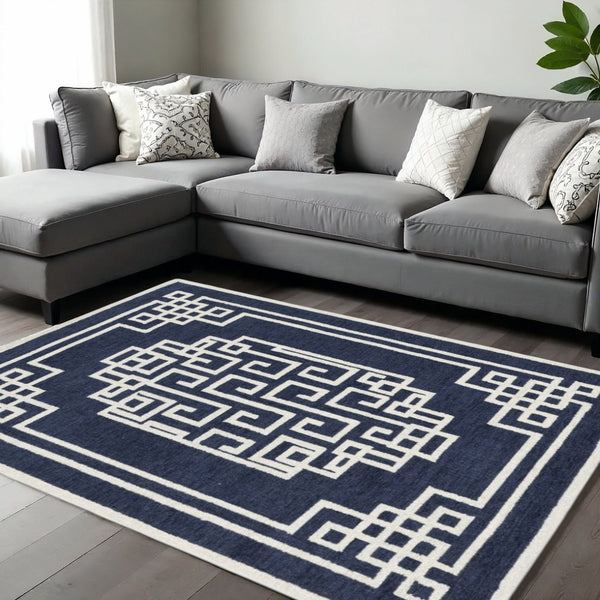 HomeRoots 9' Navy Blue and Ivory Wool Hand-Tufted Geometric Area Rug for Modern Elegance and Comfort 9' X 12' 374681