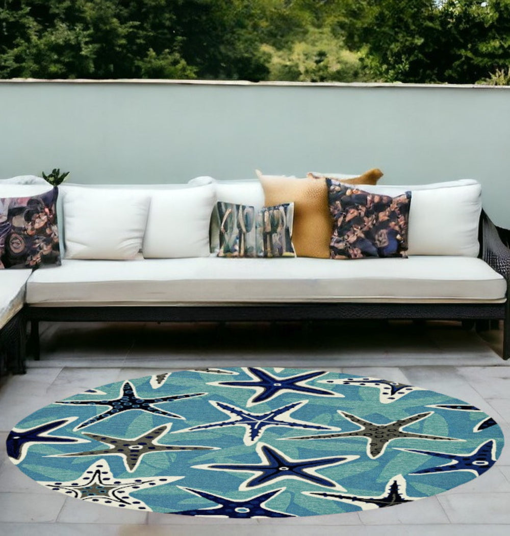 HomeRoots 8' Blue Abstract Geometric Indoor Outdoor Area Rug – Stylish, Durable, Easy Care for Any Space 8' Round 374685