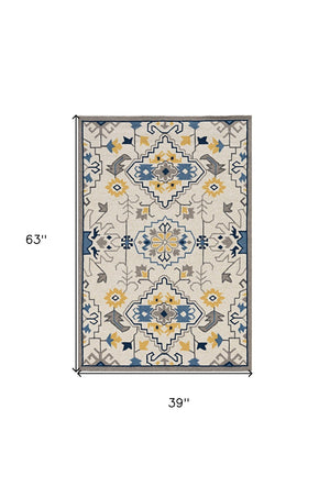 HomeRoots 3'' Hand-Tufted Southwestern Area Rug in Ivory, Blue & Yellow - Stylish, Durable & Unique Design 3' X 5' 374693