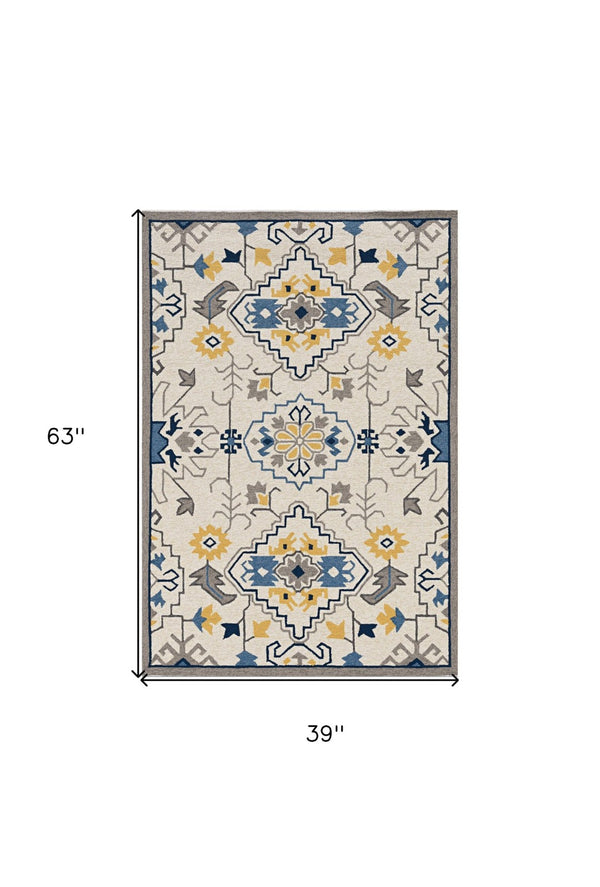 HomeRoots 3'' Hand-Tufted Southwestern Area Rug in Ivory, Blue & Yellow - Stylish, Durable & Unique Design 3' X 5' 374693
