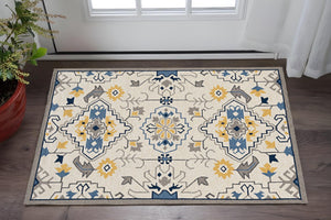 HomeRoots 3'' Hand-Tufted Southwestern Area Rug in Ivory, Blue & Yellow - Stylish, Durable & Unique Design 3' X 5' 374693