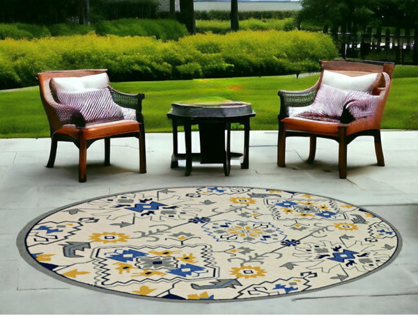HomeRoots 5' Ivory Abstract Area Rug - Durable Indoor/Outdoor Accent for Modern Elegance in Your Home Spaces 8' Round 374695
