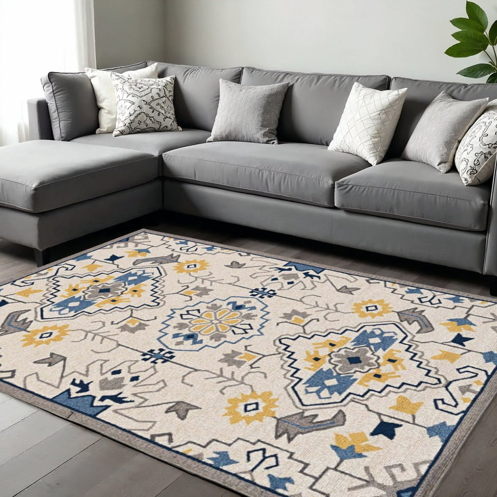 HomeRoots 8' Hand-Tufted Ivory, Blue & Yellow Southwestern Area Rug – Durable, Stylish, and Soft Underfoot 8' X 10' 374696