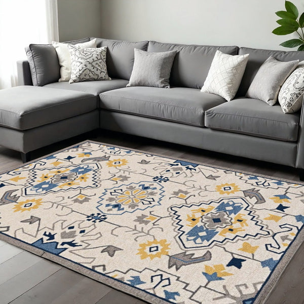 HomeRoots 8' Hand-Tufted Ivory, Blue & Yellow Southwestern Area Rug – Durable, Stylish, and Soft Underfoot 8' X 10' 374696