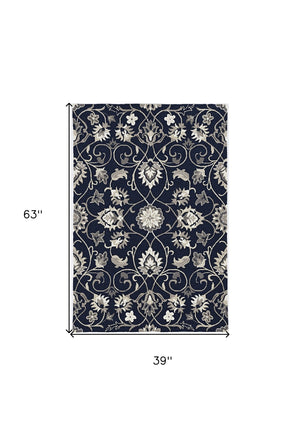HomeRoots 3' Navy Blue Floral Area Rug - Timeless Indoor/Outdoor Accent, Durable, Easy-Care, Handmade Design 3' X 5' Rectangle 374698
