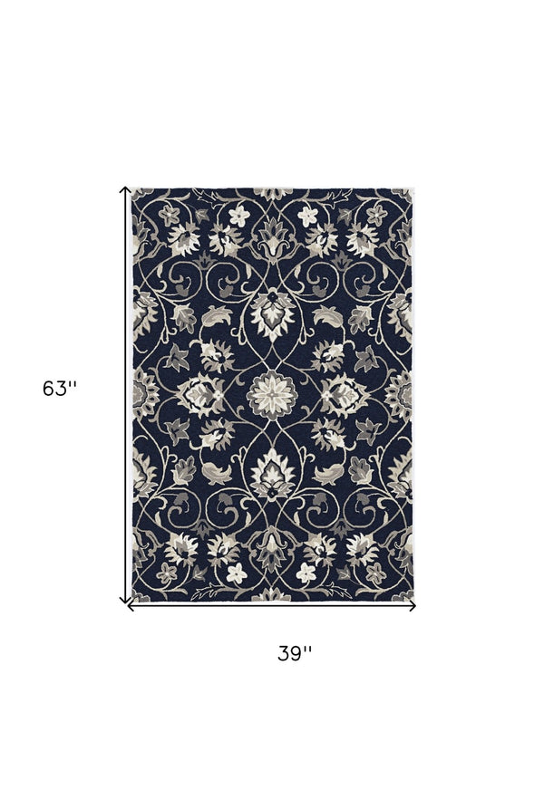 HomeRoots 3' Navy Blue Floral Area Rug - Timeless Indoor/Outdoor Accent, Durable, Easy-Care, Handmade Design 3' X 5' Rectangle 374698