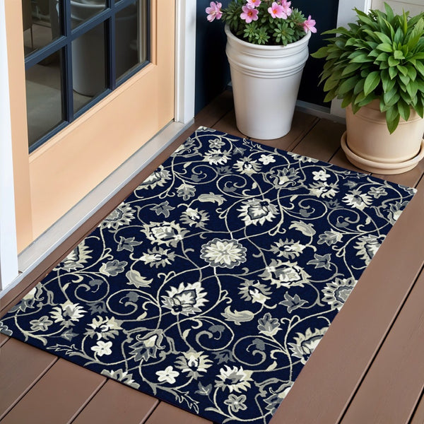 HomeRoots 3' Navy Blue Floral Area Rug - Timeless Indoor/Outdoor Accent, Durable, Easy-Care, Handmade Design 3' X 5' Rectangle 374698