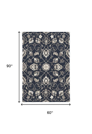 HomeRoots 3' Navy Blue Floral Area Rug - Timeless Indoor/Outdoor Accent, Durable, Easy-Care, Handmade Design 5' x 8' 374699