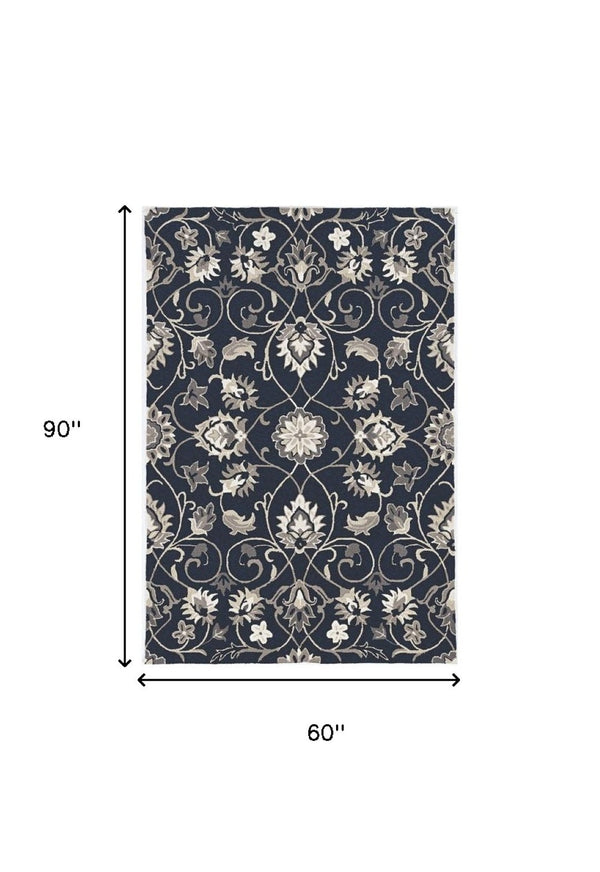 HomeRoots 3' Navy Blue Floral Area Rug - Timeless Indoor/Outdoor Accent, Durable, Easy-Care, Handmade Design 5' x 8' 374699