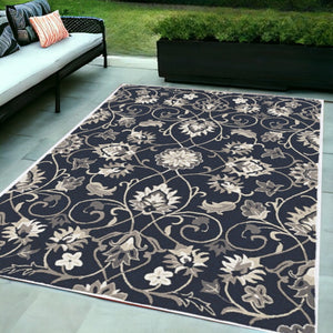 HomeRoots 3' Navy Blue Floral Area Rug - Timeless Indoor/Outdoor Accent, Durable, Easy-Care, Handmade Design 5' x 8' 374699