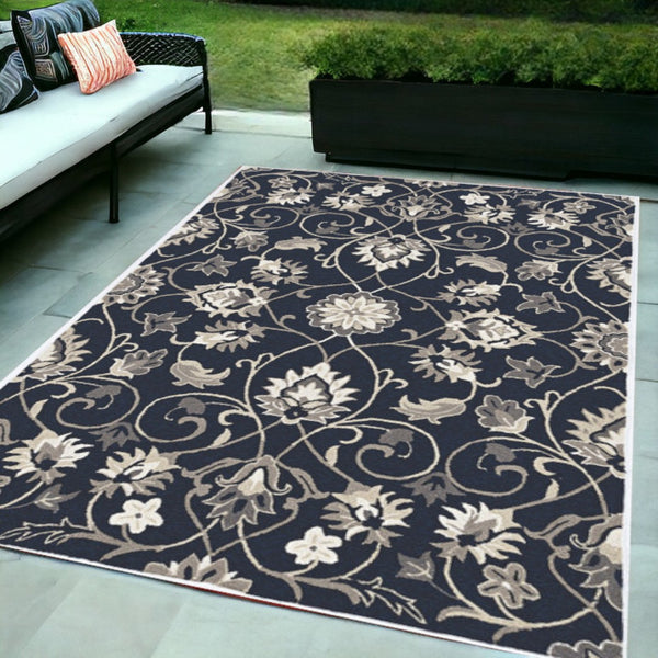 HomeRoots 3' Navy Blue Floral Area Rug - Timeless Indoor/Outdoor Accent, Durable, Easy-Care, Handmade Design 5' x 8' 374699