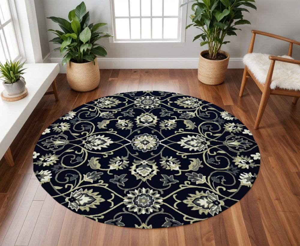 HomeRoots 8' Navy Blue Round Hand-Tufted Area Rug with Durable UV Protection for Modern Homes and Spaces 374700
