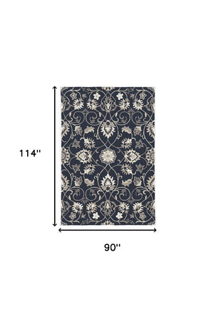 HomeRoots 3' Navy Blue Floral Area Rug - Timeless Indoor/Outdoor Accent, Durable, Easy-Care, Handmade Design 8' x 10' 374701