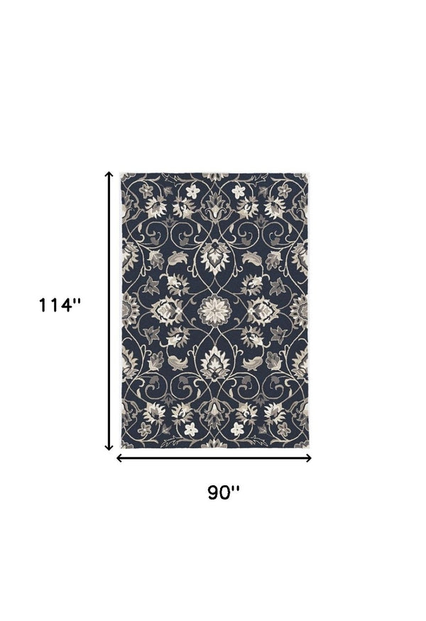 HomeRoots 3' Navy Blue Floral Area Rug - Timeless Indoor/Outdoor Accent, Durable, Easy-Care, Handmade Design 8' x 10' 374701