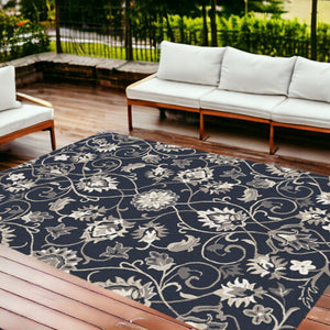 HomeRoots 3' Navy Blue Floral Area Rug - Timeless Indoor/Outdoor Accent, Durable, Easy-Care, Handmade Design 8' x 10' 374701