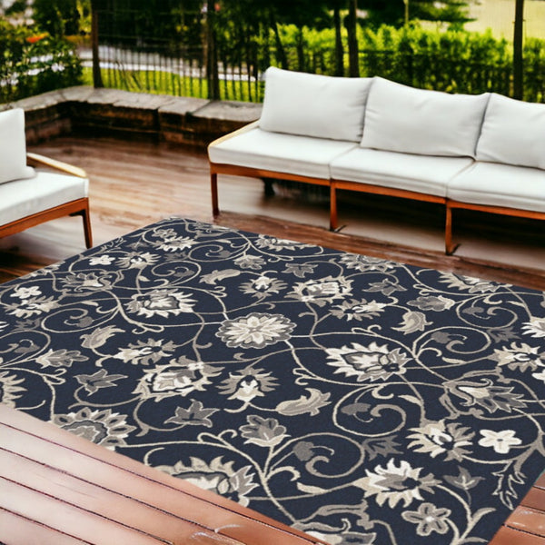 HomeRoots 3' Navy Blue Floral Area Rug - Timeless Indoor/Outdoor Accent, Durable, Easy-Care, Handmade Design 8' x 10' 374701