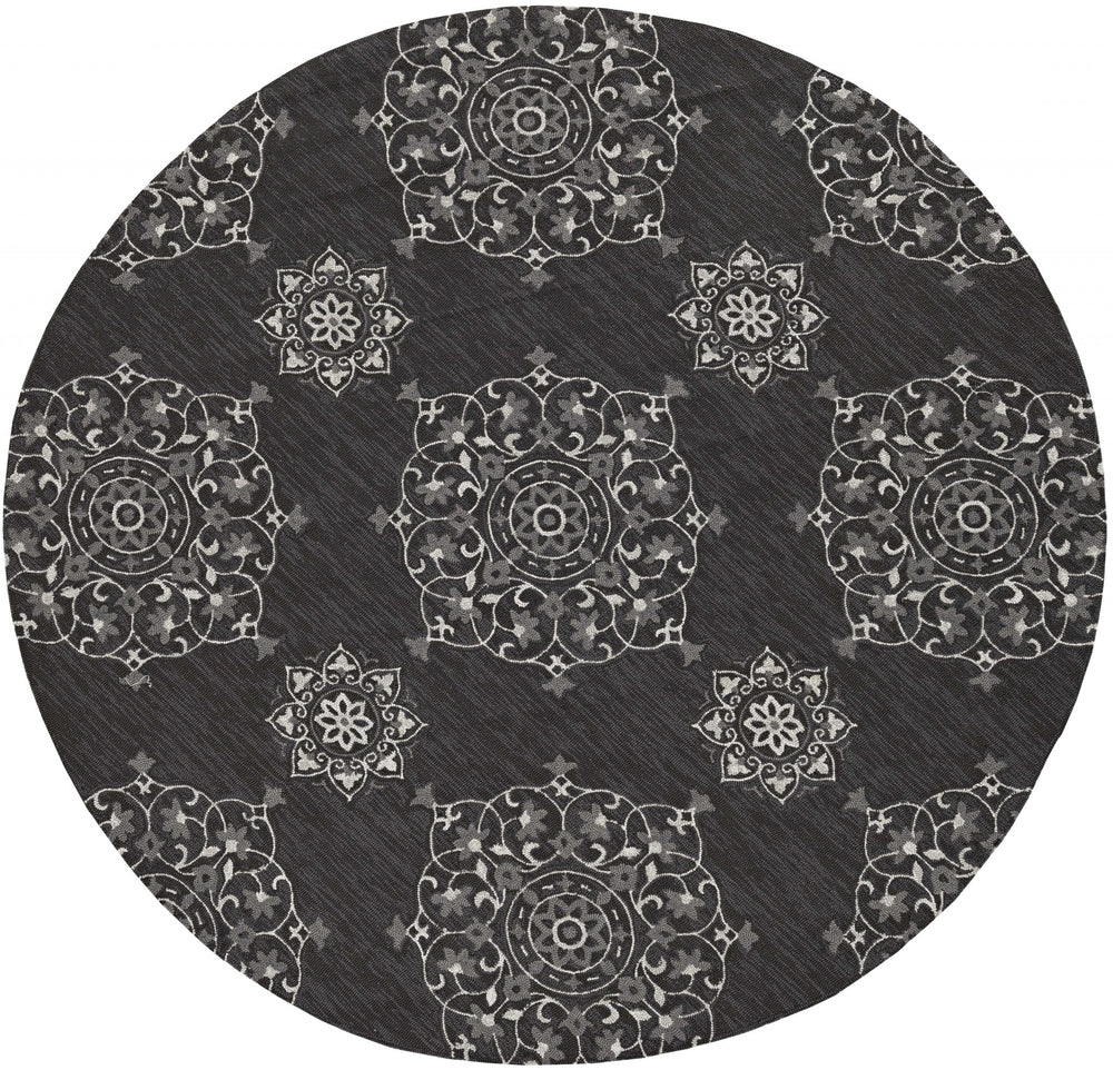 Homeroots 8' Round Charcoal Round Floral Handmade Indoor Outdoor Area Rug  Polypropylene 374705
