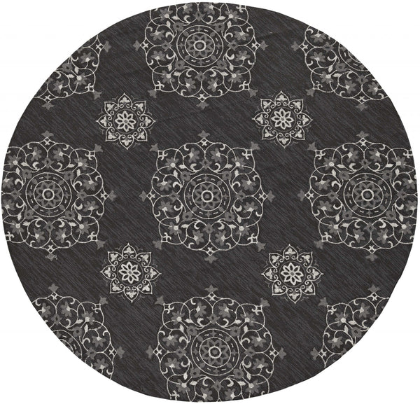 Homeroots 8' Round Charcoal Round Floral Handmade Indoor Outdoor Area Rug  Polypropylene 374705