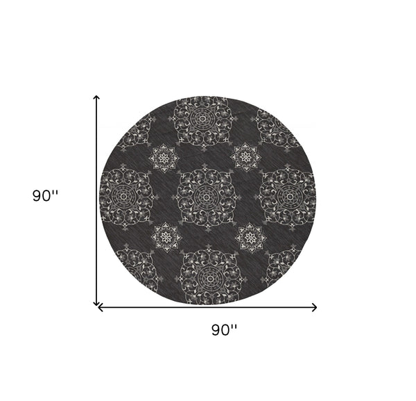 Homeroots 8' Round Charcoal Round Floral Handmade Indoor Outdoor Area Rug  Polypropylene 374705