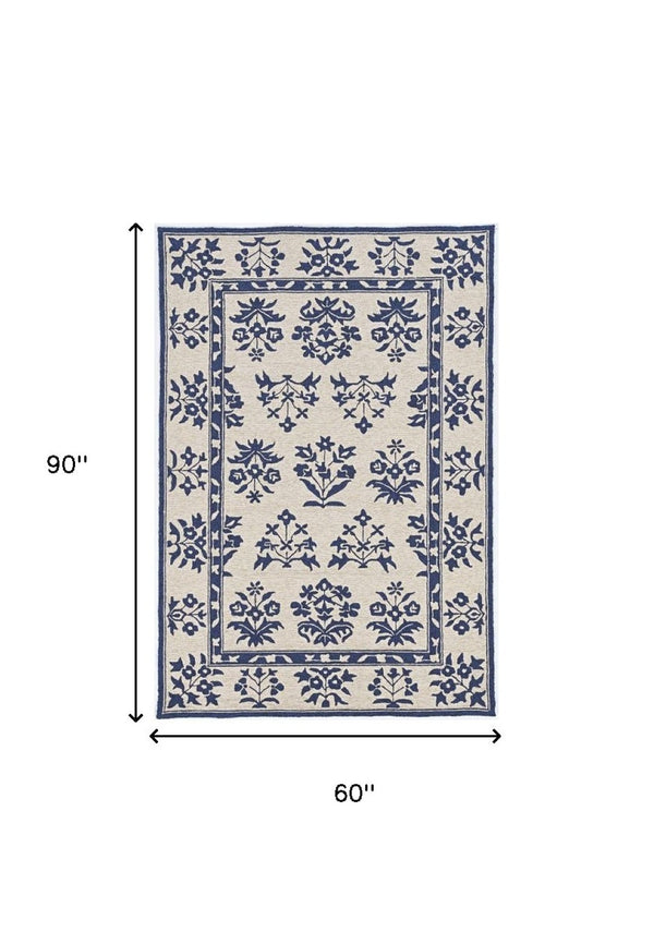 HomeRoots 3' Blue Floral Area Rug - Durable Indoor Outdoor Design with Timeless Hooked Motif for Any Space 5' x 8' 374709