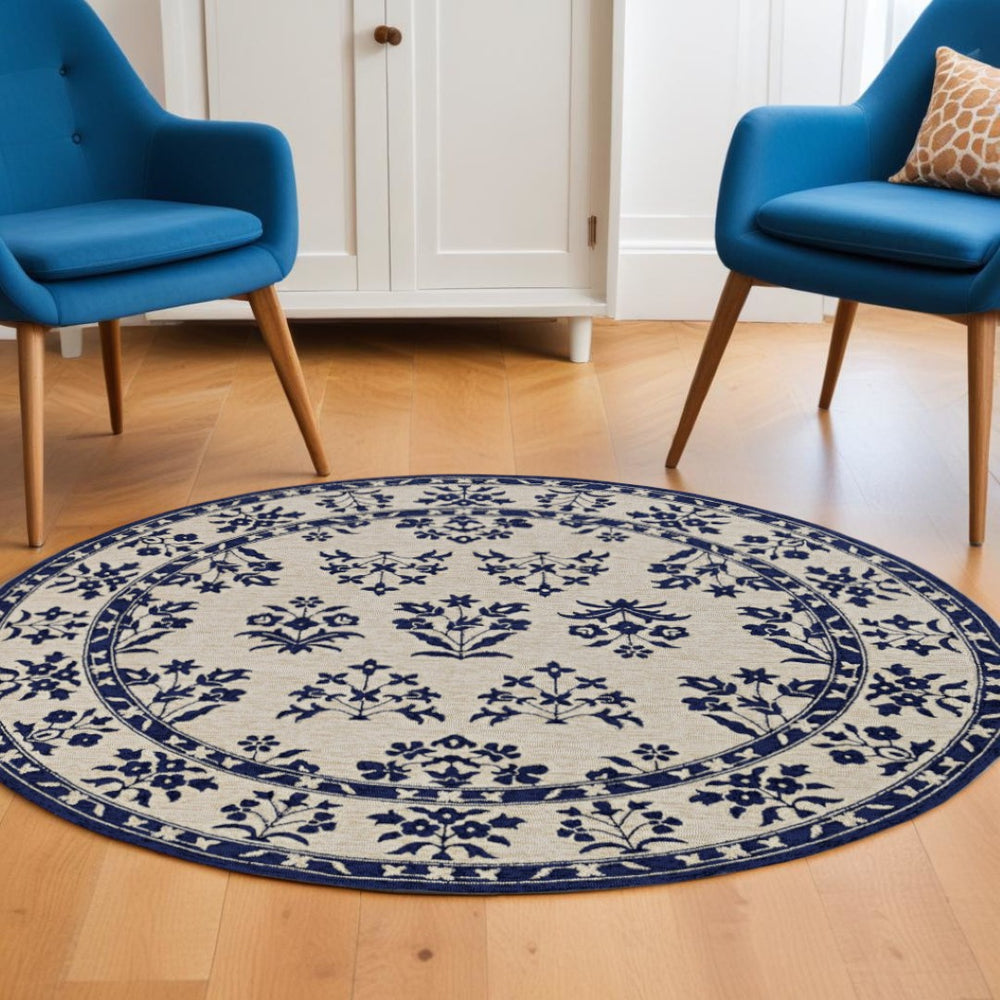 HomeRoots 8' Blue Round Hand-Tufted Area Rug - UV Protected, Durable, Soft & Stylish for Modern Homes 374710