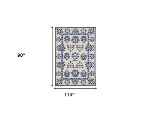 HomeRoots 3' Blue Floral Area Rug - Durable Indoor Outdoor Design with Timeless Hooked Motif for Any Space 8' x 10' 374711