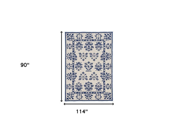 HomeRoots 3' Blue Floral Area Rug - Durable Indoor Outdoor Design with Timeless Hooked Motif for Any Space 8' x 10' 374711