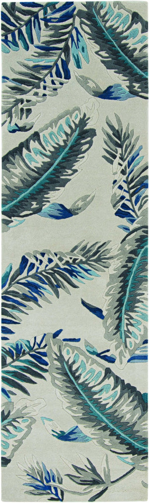 HomeRoots 8' Blue and Gray Botanical Leaves Hand-Tufted Wool Runner Rug for Contemporary Home Décor Bliss 8' Runner 374712
