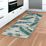 Homeroots 8' Grey Blue Hand Tufted Tropical Leaves Indoor Runner Rug  Wool 374712