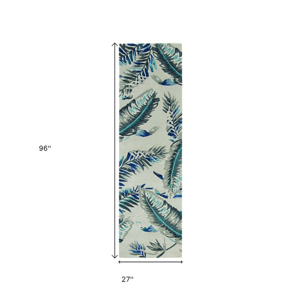 HomeRoots 8' Blue and Gray Botanical Leaves Hand-Tufted Wool Runner Rug for Contemporary Home Décor Bliss 8' Runner 374712