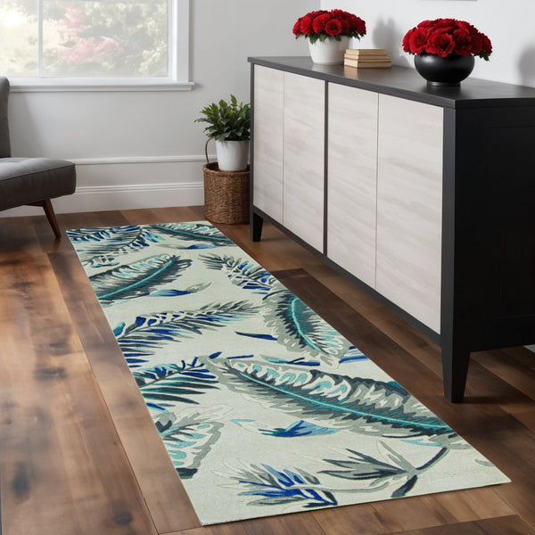 HomeRoots 8' Blue and Gray Botanical Leaves Hand-Tufted Wool Runner Rug for Contemporary Home Décor Bliss 8' Runner 374712
