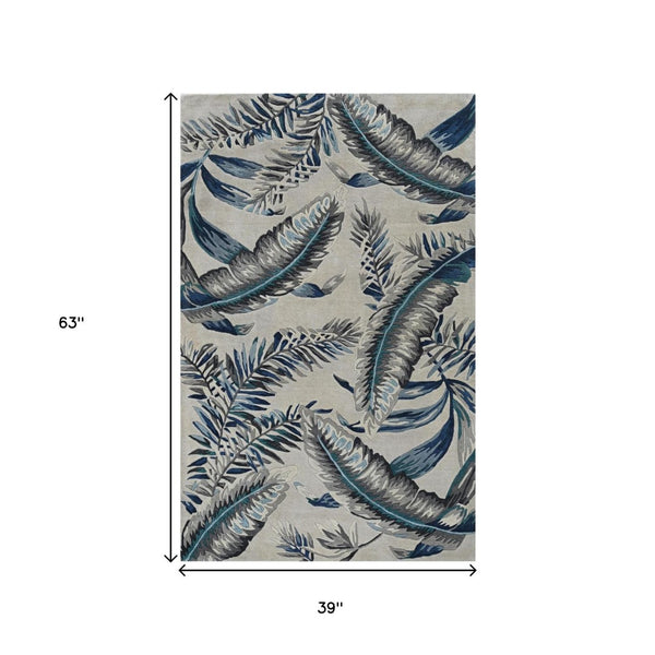 HomeRoots 8' Blue and Gray Botanical Leaves Hand-Tufted Wool Runner Rug for Contemporary Home Décor Bliss 3' X 5' 374714