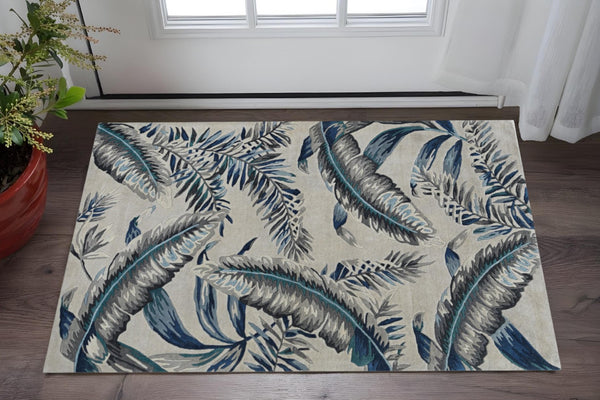 HomeRoots 8' Blue and Gray Botanical Leaves Hand-Tufted Wool Runner Rug for Contemporary Home Décor Bliss 3' X 5' 374714
