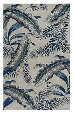 HomeRoots 8' Blue and Gray Botanical Leaves Hand-Tufted Wool Runner Rug for Contemporary Home Décor Bliss 5' X 8' 374715