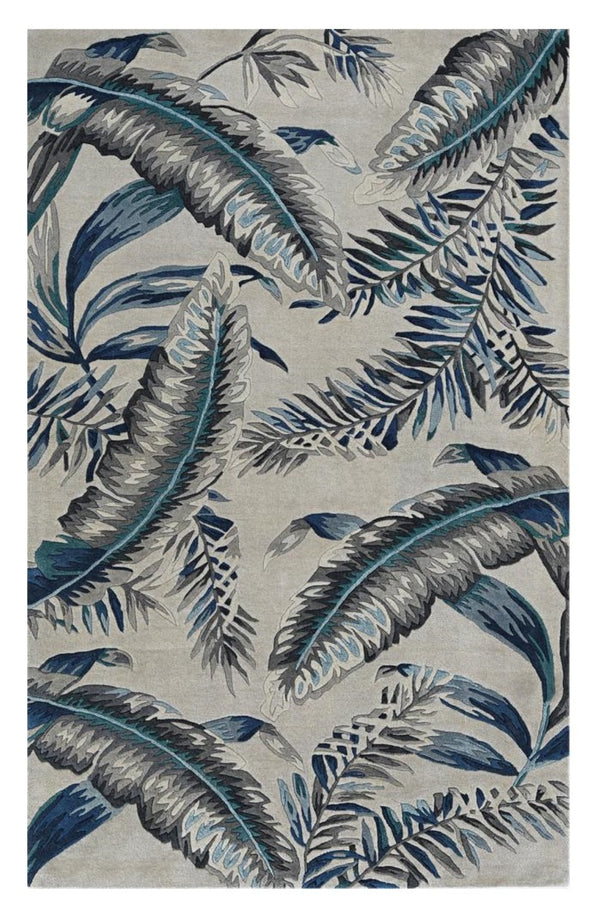 HomeRoots 8' Blue and Gray Botanical Leaves Hand-Tufted Wool Runner Rug for Contemporary Home Décor Bliss 5' X 8' 374715