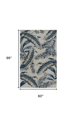 HomeRoots 8' Blue and Gray Botanical Leaves Hand-Tufted Wool Runner Rug for Contemporary Home Décor Bliss 5' X 8' 374715