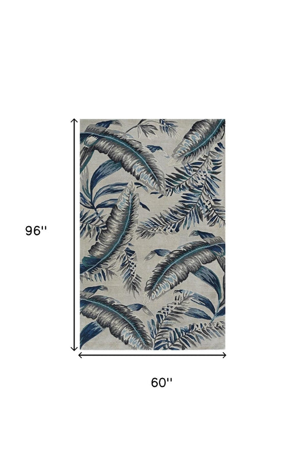 HomeRoots 8' Blue and Gray Botanical Leaves Hand-Tufted Wool Runner Rug for Contemporary Home Décor Bliss 5' X 8' 374715