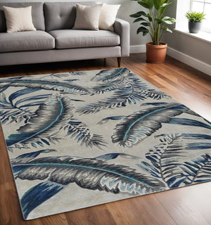 HomeRoots 8' Blue and Gray Botanical Leaves Hand-Tufted Wool Runner Rug for Contemporary Home Décor Bliss 5' X 8' 374715