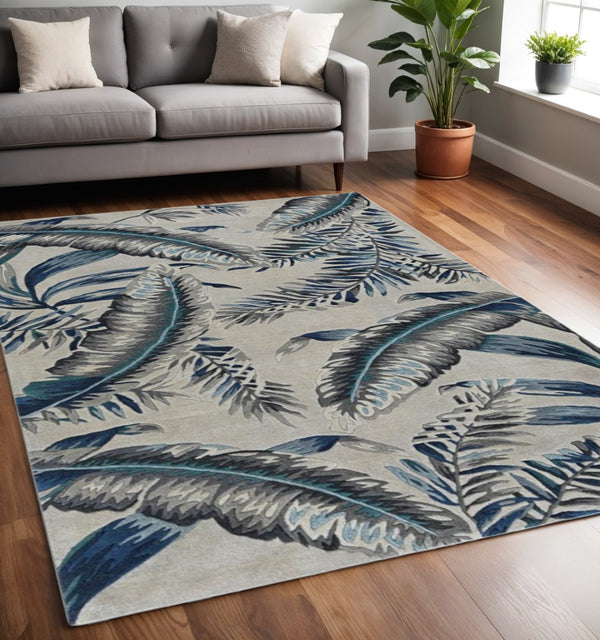 HomeRoots 8' Blue and Gray Botanical Leaves Hand-Tufted Wool Runner Rug for Contemporary Home Décor Bliss 5' X 8' 374715