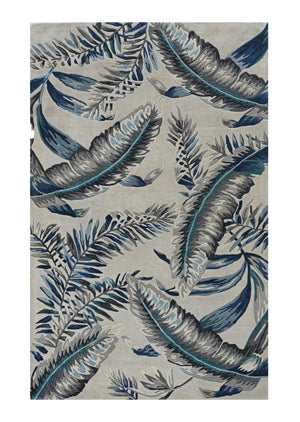 HomeRoots 8' Blue and Gray Botanical Leaves Hand-Tufted Wool Runner Rug for Contemporary Home Décor Bliss 5' X 8' 374715