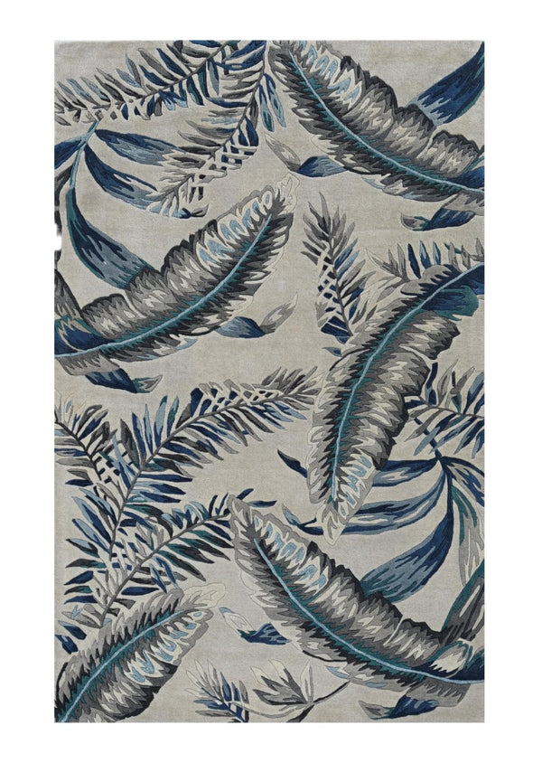 HomeRoots 8' Blue and Gray Botanical Leaves Hand-Tufted Wool Runner Rug for Contemporary Home Décor Bliss 5' X 8' 374715