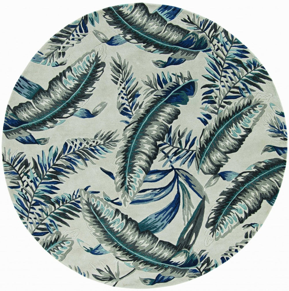 HomeRoots 8' Blue and Gray Botanical Leaves Hand-Tufted Wool Runner Rug for Contemporary Home Décor Bliss 8' Round 374716