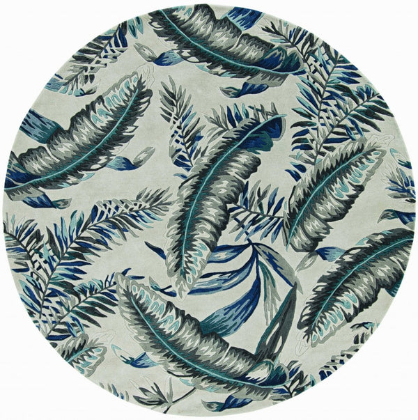 HomeRoots 8' Blue and Gray Botanical Leaves Hand-Tufted Wool Runner Rug for Contemporary Home Décor Bliss 8' Round 374716