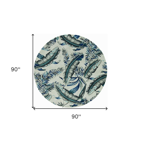 HomeRoots 8' Blue and Gray Botanical Leaves Hand-Tufted Wool Runner Rug for Contemporary Home Décor Bliss 8' Round 374716