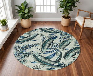 HomeRoots 8' Blue and Gray Botanical Leaves Hand-Tufted Wool Runner Rug for Contemporary Home Décor Bliss 8' Round 374716