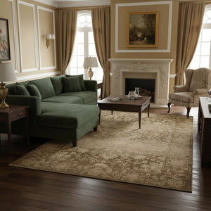HomeRoots 5' Elegant Beige and Tan Floral Medallion Distressed Area Rug for a Cozy, Inviting Home Space 7' X 10' 374718