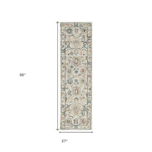 HomeRoots 8' Hand-Tufted Wool Runner Rug with Elegant Ivory Gray and Red Medallion Design for Hallways 8' Runner 374719