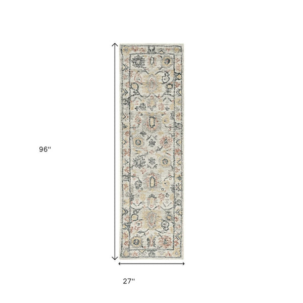 HomeRoots 8' Hand-Tufted Wool Runner Rug with Elegant Ivory Gray and Red Medallion Design for Hallways 8' Runner 374719