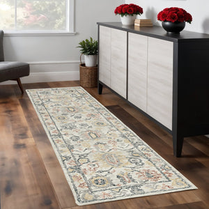 HomeRoots 8' Hand-Tufted Wool Runner Rug with Elegant Ivory Gray and Red Medallion Design for Hallways 8' Runner 374719